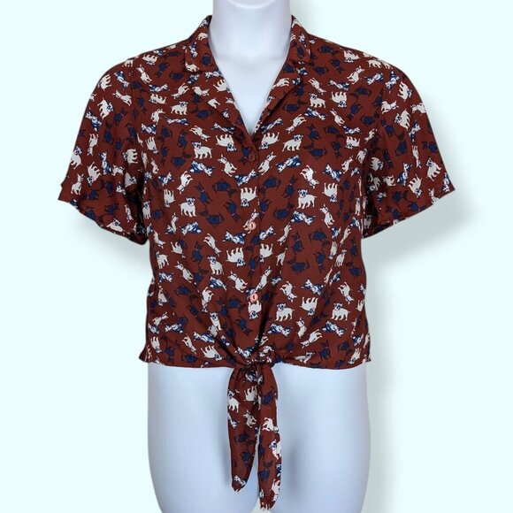 Monteau Tops - Monteau Dog Print Front Tie Blouse